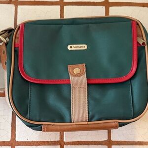 Samsonite Green Crossbody Bag with Red Trim and Tan Accents - vintage